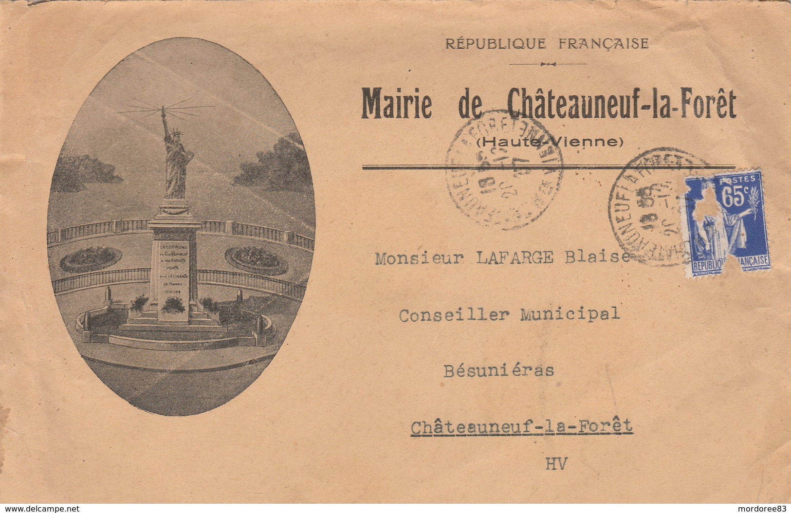 ENVELOPPE ILLUSTREE MAIRIE DE CHTEAUNEUF LA FORET HAUTE VIENNE 1937 - Briefe U. Dokumente