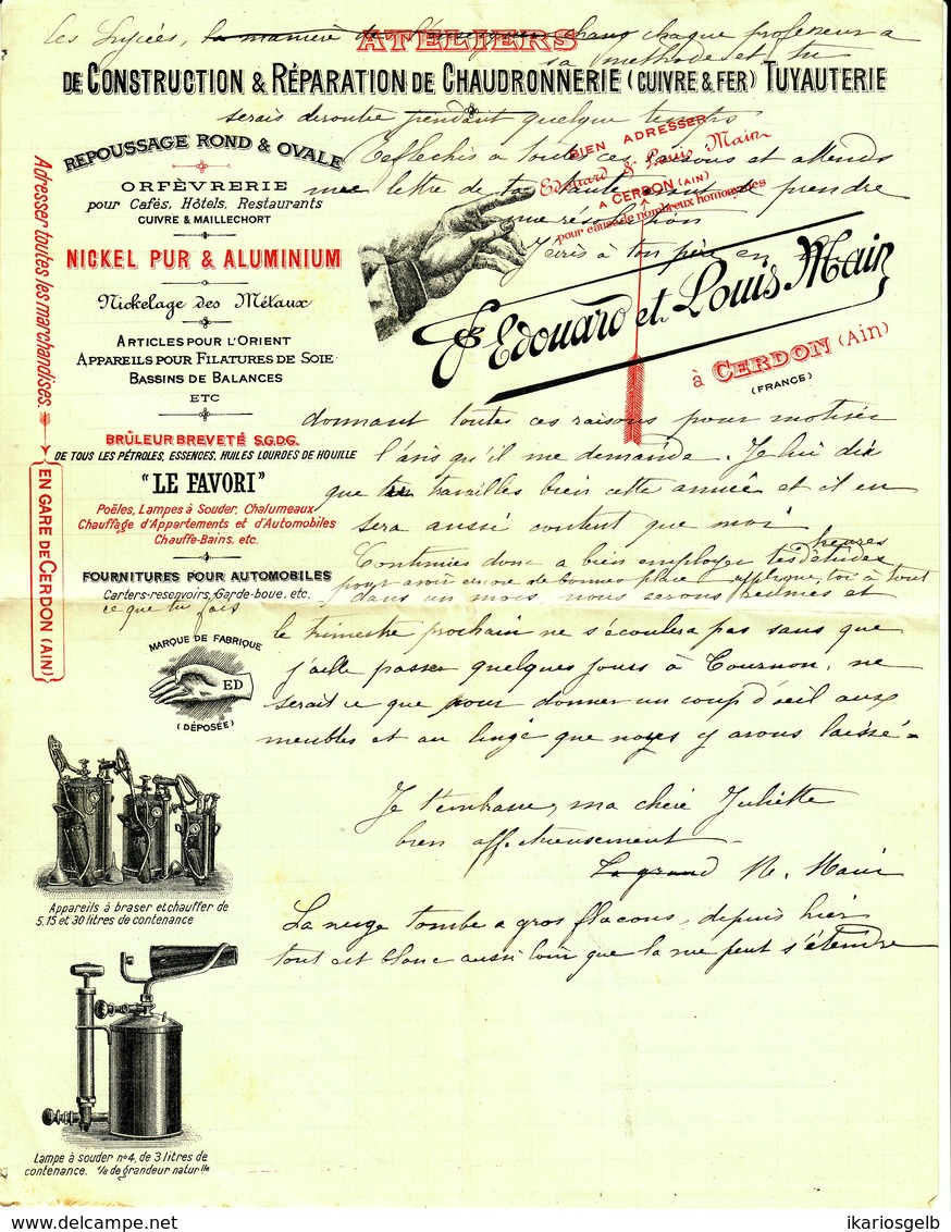 Facture Decorative 1902 Cerdon ( Ain ) " Edouard&Louis Main - Chaudronnerie,Tuyauterie,Orfevrerie,Lampes A Souder " - Autres & Non Classés