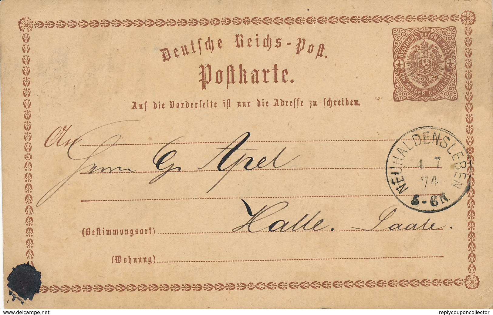 NEUHALDENSLEBEN  -  1874 , Ganzsache Nach Halle - Maschinenstempel (EMA)