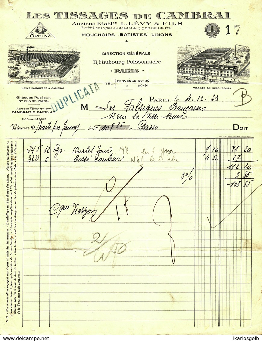 Facture Decorative 1933 Cambrai & Seboncourt " L.Levy&Fils - Tissages De Cambrai - Mouchoirs,Batistes,Linons " - Textile & Vestimentaire