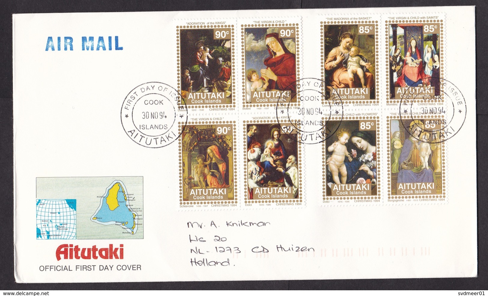 Aitutaki: FDC First Day Cover To Netherlands, 1994, 8 Stamps, Christmas, Religious Art, Painting (traces Of Use) - Aitutaki