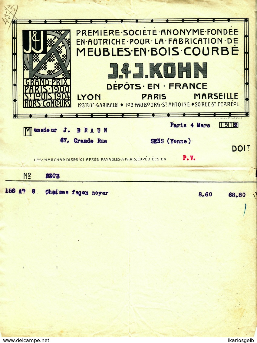 Facture Decorative 1912 Paris " J6J KOHN - Meubles En Bois Courbe " - Autres & Non Classés