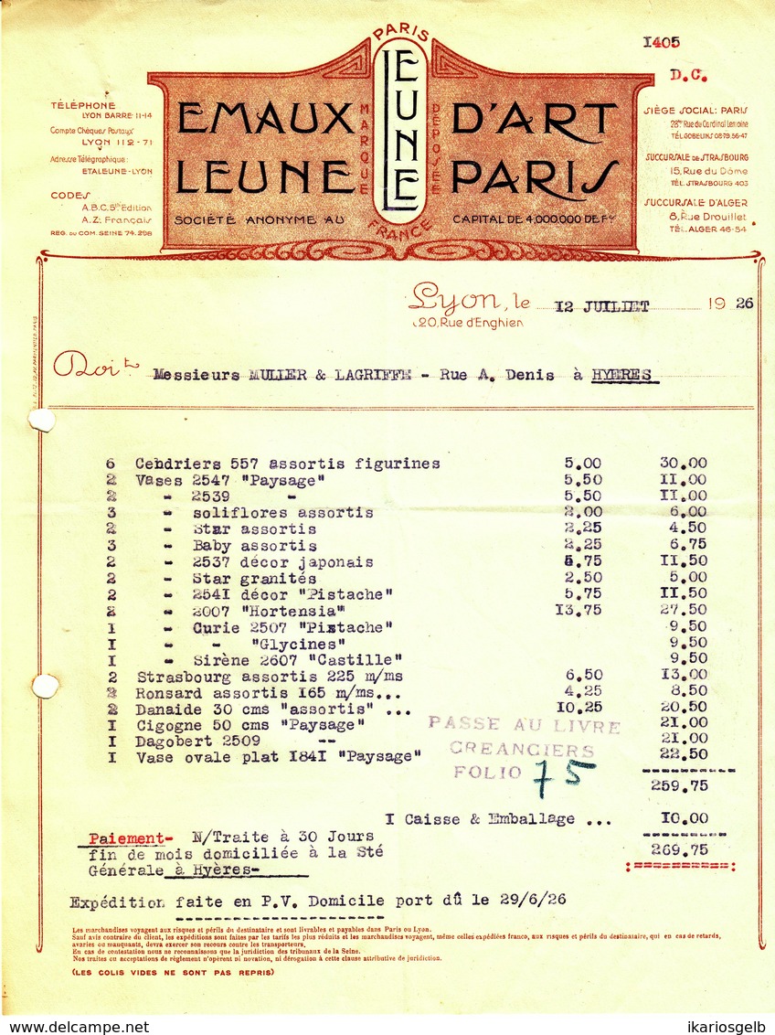 Facture Decorative 1926 Lyon " LEUNE - Emaux D'art " - Autres & Non Classés