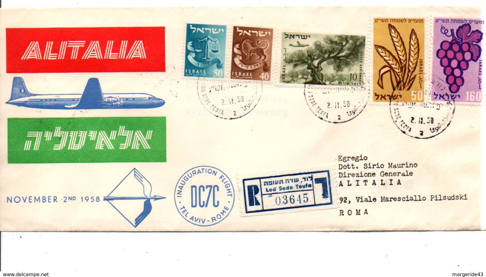 VOL INAUGURAL TEL AVIV-ROME PAR DC7C ALITALIA 1958 - Avions