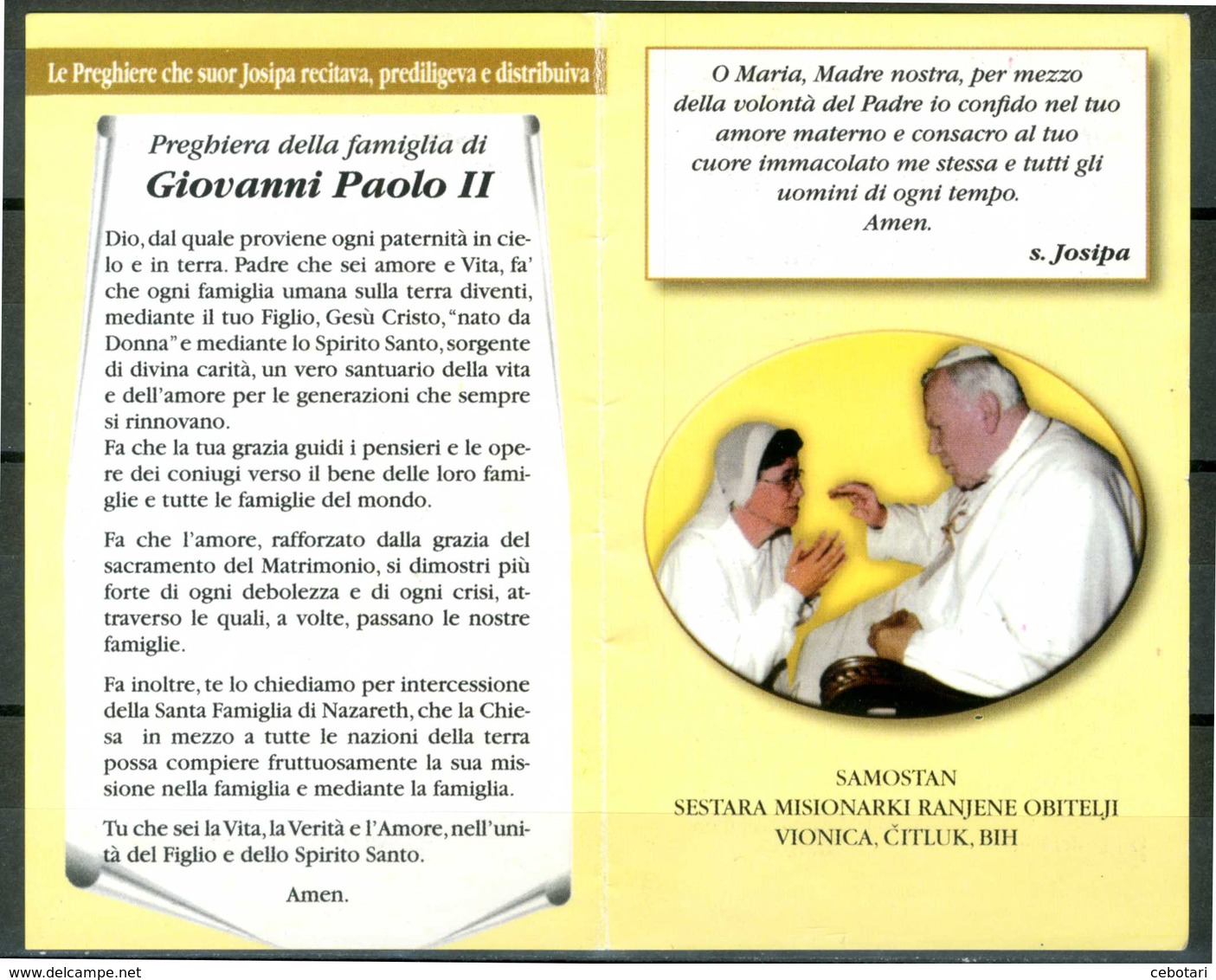 SANTINO - Suor Josipa Kordic - Santino Pieghevole Con Preghiera - - Santini