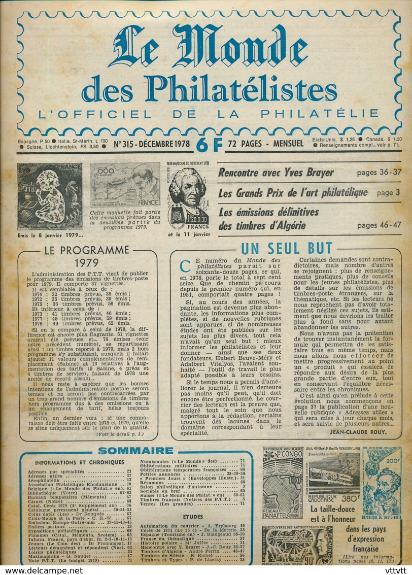 LE MONDE DES PHILATELISTES, N° 315, Décembre 1978, Sommaire Dans Les 2 Scans - Français (àpd. 1941)