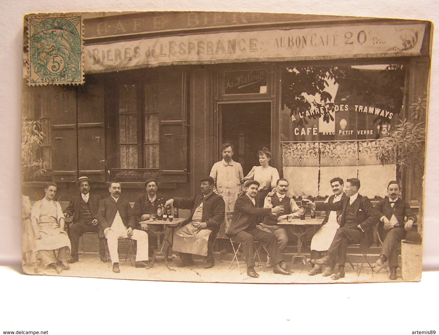 CPA CARTE PHOTO A SITUER CAFE BIERES DE L ESPERANCE AU BON CAFE A L ARRET DES TRAMWAYS 706 - Cafés