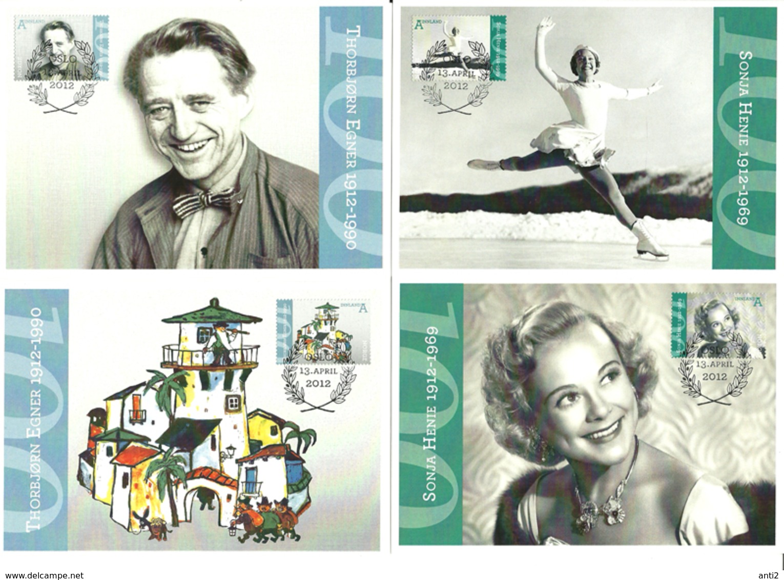 Norway Norge 2012 Sonja Henie And Thorbjørn Egner Mi 1778-1781 Maximum Cards, FDC - Ungebraucht