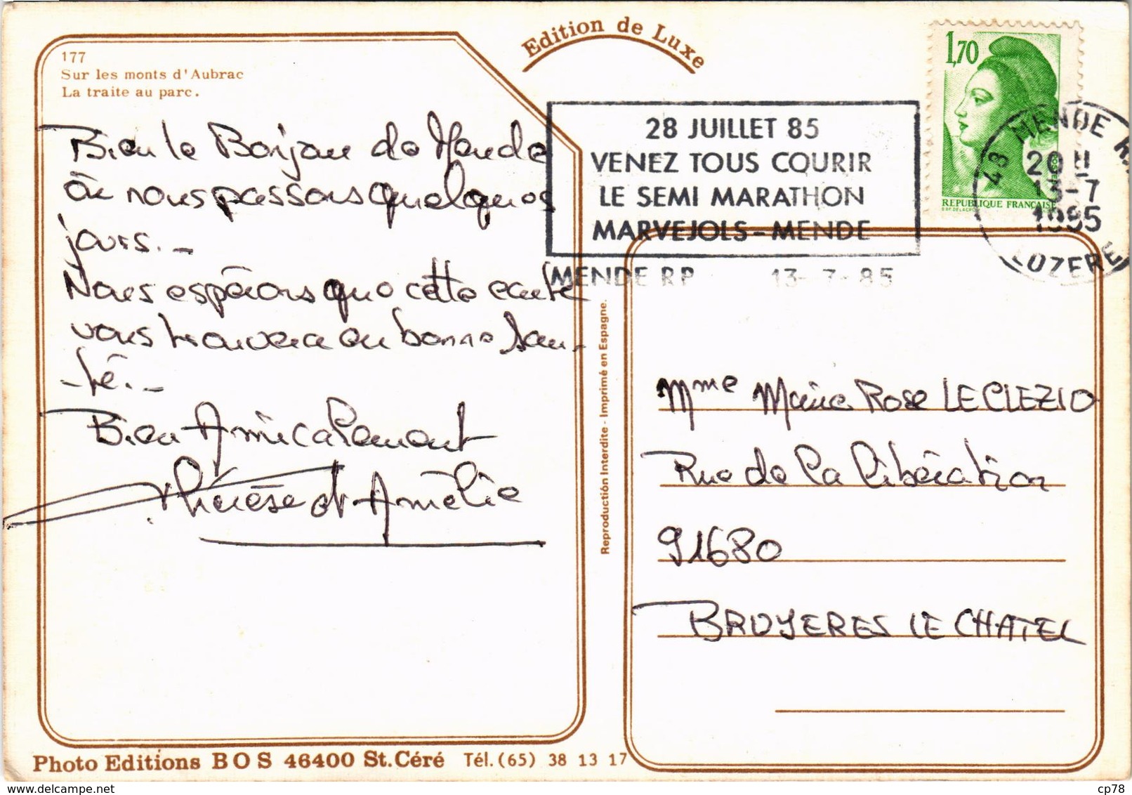 LA TRAITE SUR LES MONTS D'AUBRAC -cachet Du Semi Marathon Marvejols Mende - Carte Postée Le 13.07.1985 - Koeien