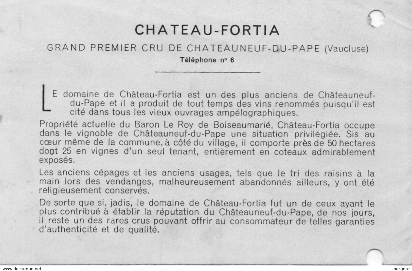 84. CP. CHATEAUNEUF DU PAPE. CHATEAU FORTIA. Grand Premier Cru. Voir Informations Au Verso Scanné. - Chateauneuf Du Pape