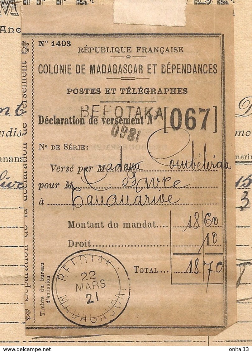 DECLARATION DE VERSEMENT / COLONIE DE MADAGASCAR ET DEPENDANCES BEFOTAKA   B2055 - Lettres & Documents