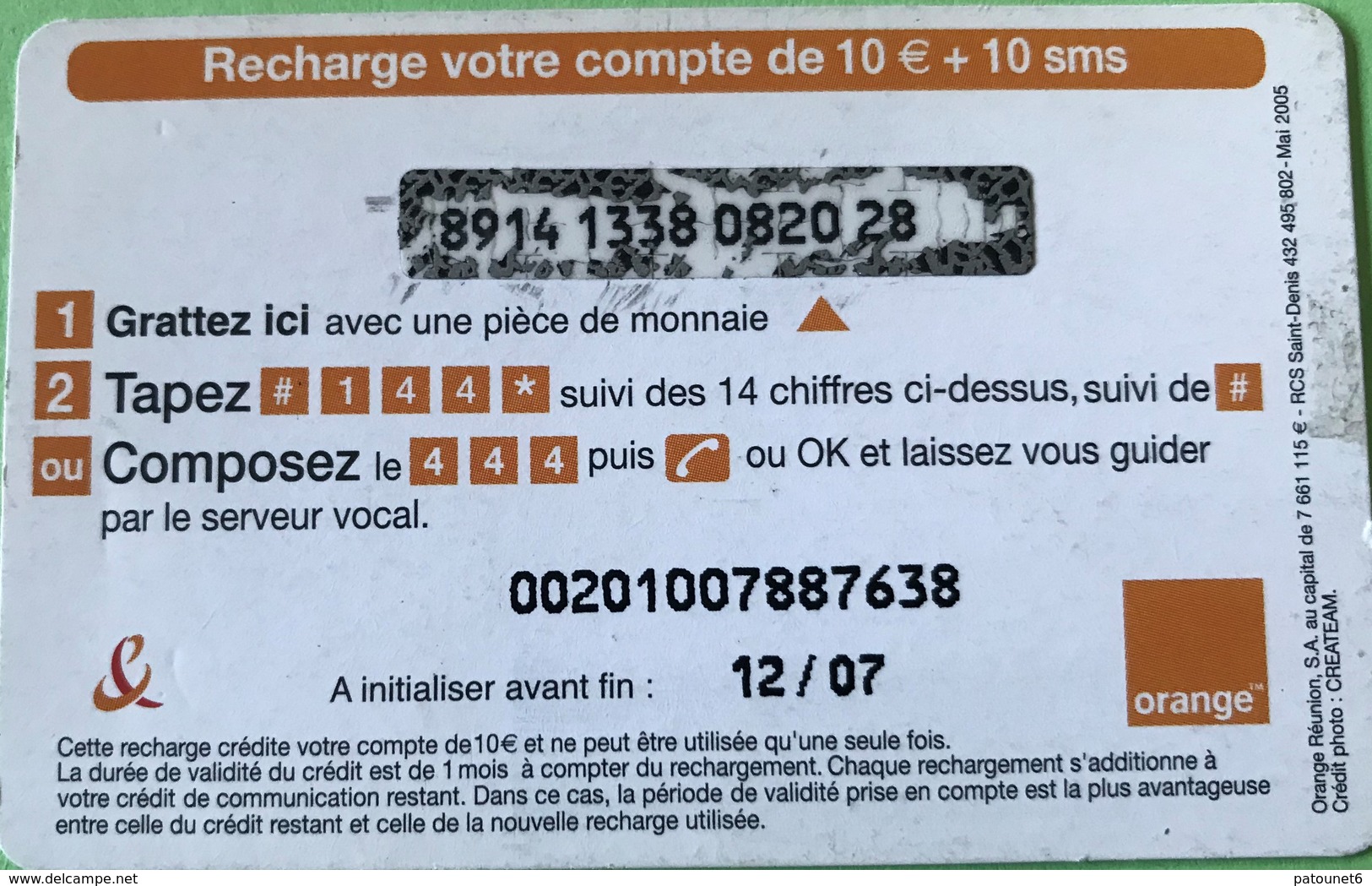 REUNION - Recharge Orange 10euros + 10 SMS - Tam-Tam - Réunion