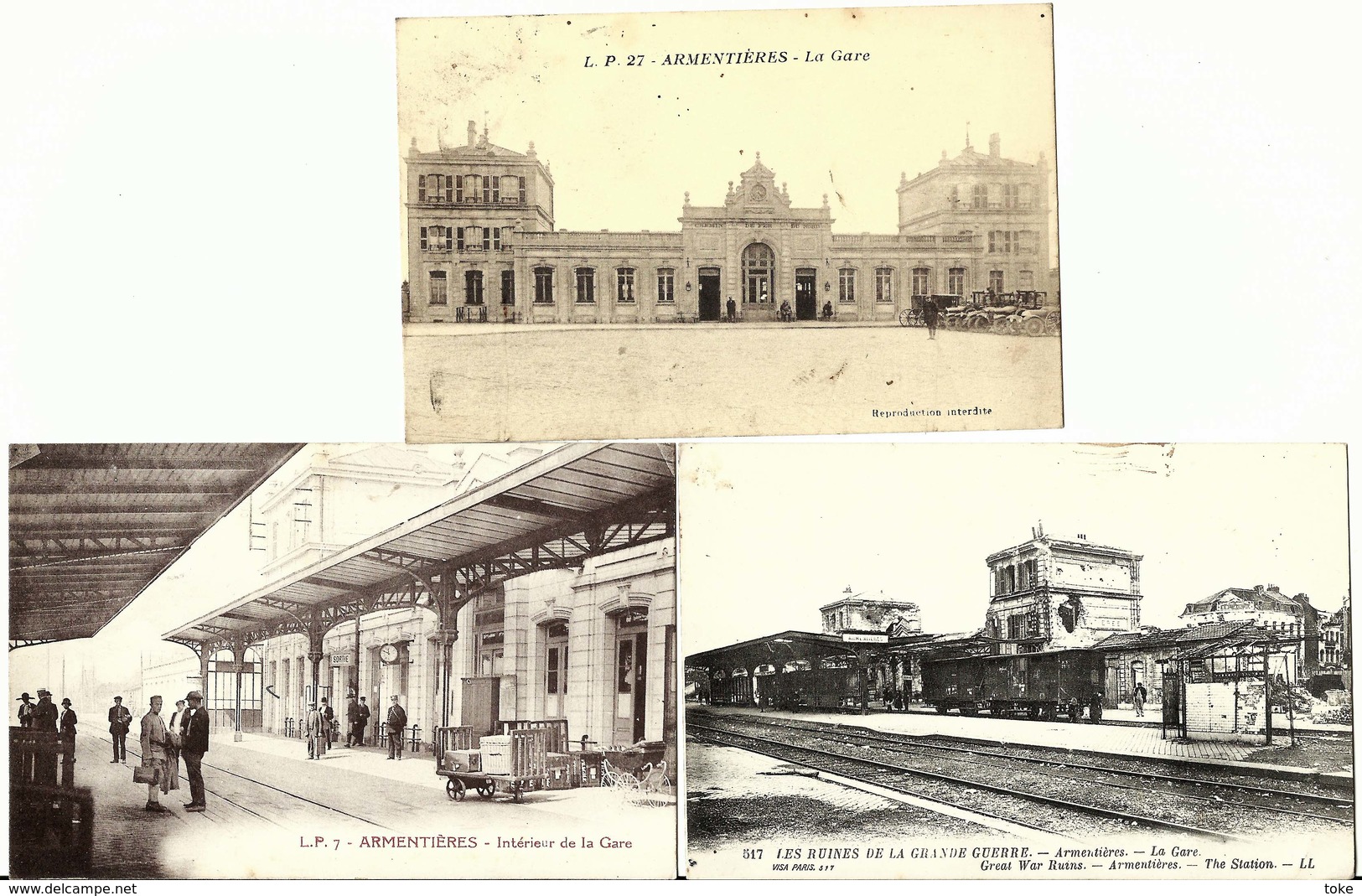 3 CPA  59 ARMENTIERES La GARE : Intérieur Le Quai Animée , Exterieur , Ruines De Guerre , Nord - Armentieres