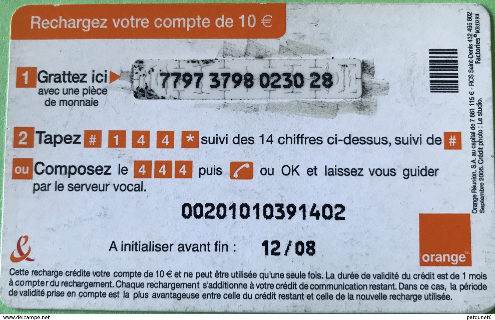 REUNION  -  Recharge Orange 10 Euros  -  Sur Le Sable - Riunione