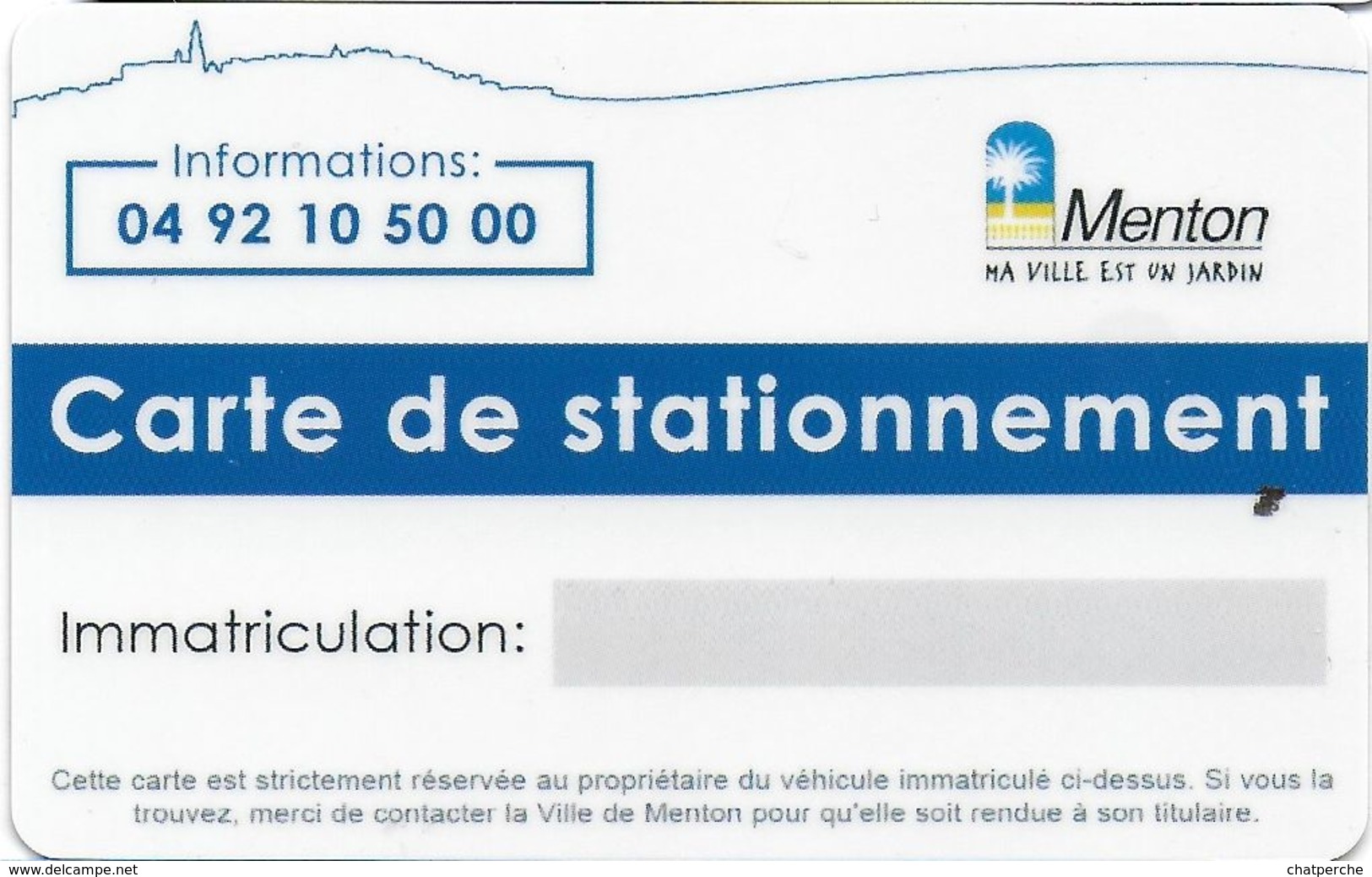 CARTE DE STATIONNEMENT CHIP CAR CARTE A PUCE VILLE DE MENTON 06 ALPES-MARITIMES - Scontrini Di Parcheggio