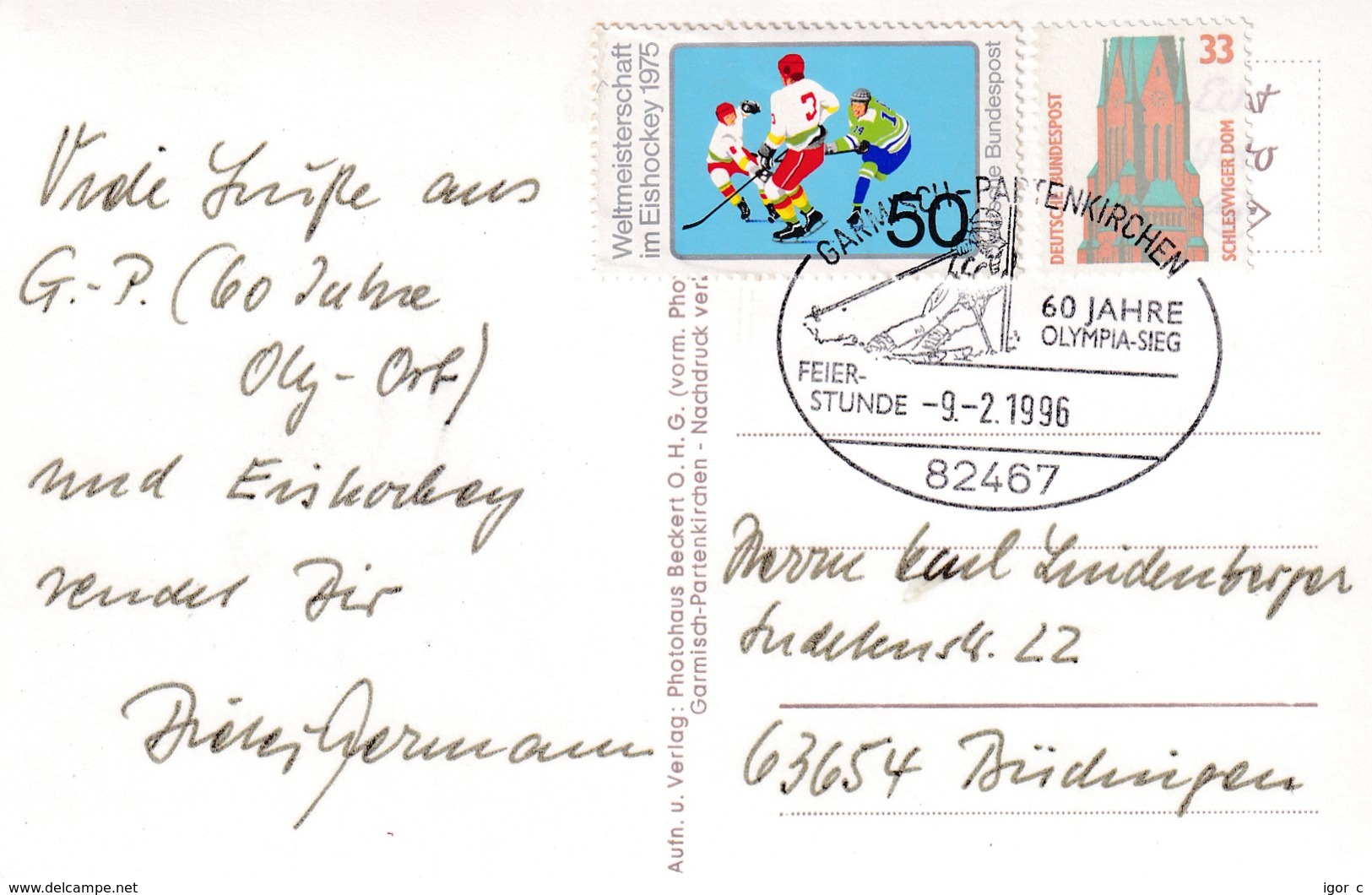 Germany 1996 Card; Ice Hockey Sur Glace Eishockey; World Championship 1975; Olympic Games 1936 Eisstadion Garmisch - - Hockey (Ice)