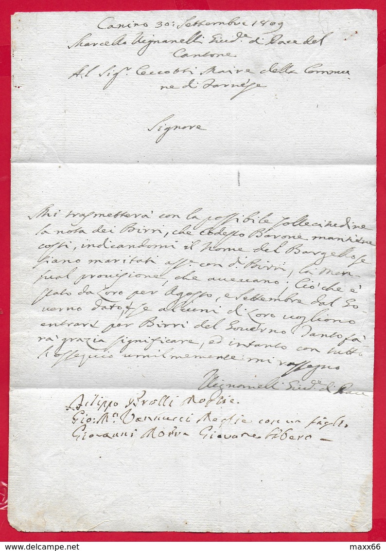 PREFILATELICA NAPOLEONICO - 1809 Lettera Con Testo Da Giudice Di Pace Di CANINO A Sindaco Di FARNESE - Timbro Postale - ...-1850 Voorfilatelie