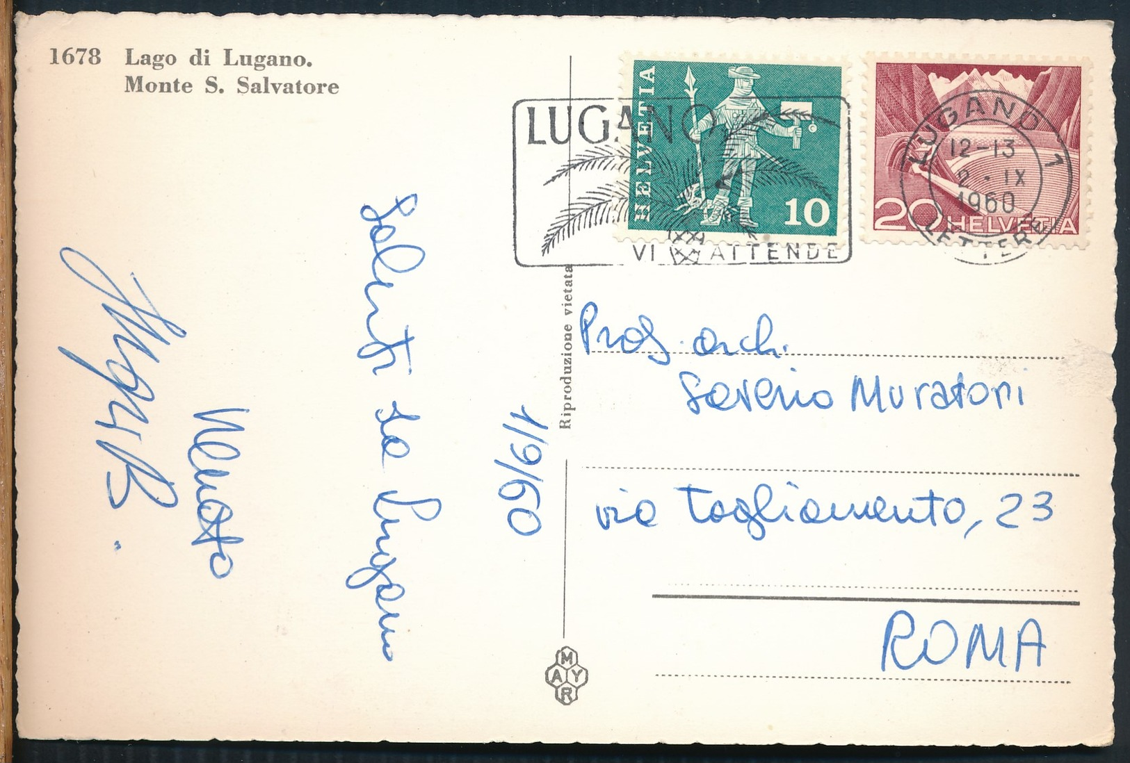 °°° 16327 - SVIZZERA - TI - LUGANO - MONTE S. SALVATORE - 1960 With Stamps °°° - Lugano
