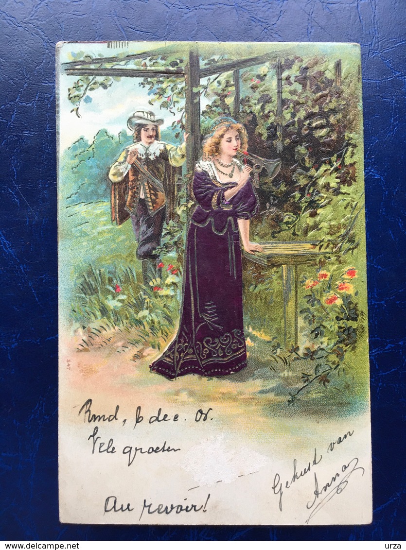 Embossed-Gaufrée--"Mousquetaire-dame Jouant De La Trompette-17ième Siècle "(my Ref 485)-1905 - Couples