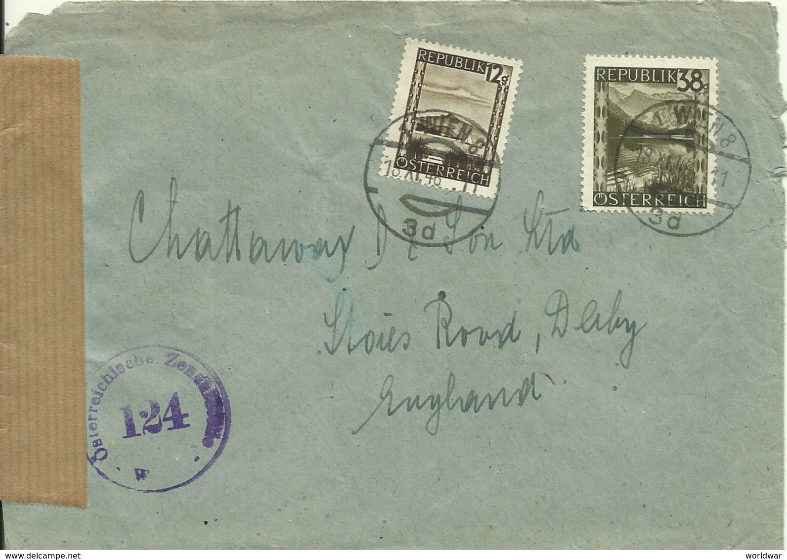 1946  Censored Letter From Wien To Derby, England  Censor 124 - Briefe U. Dokumente