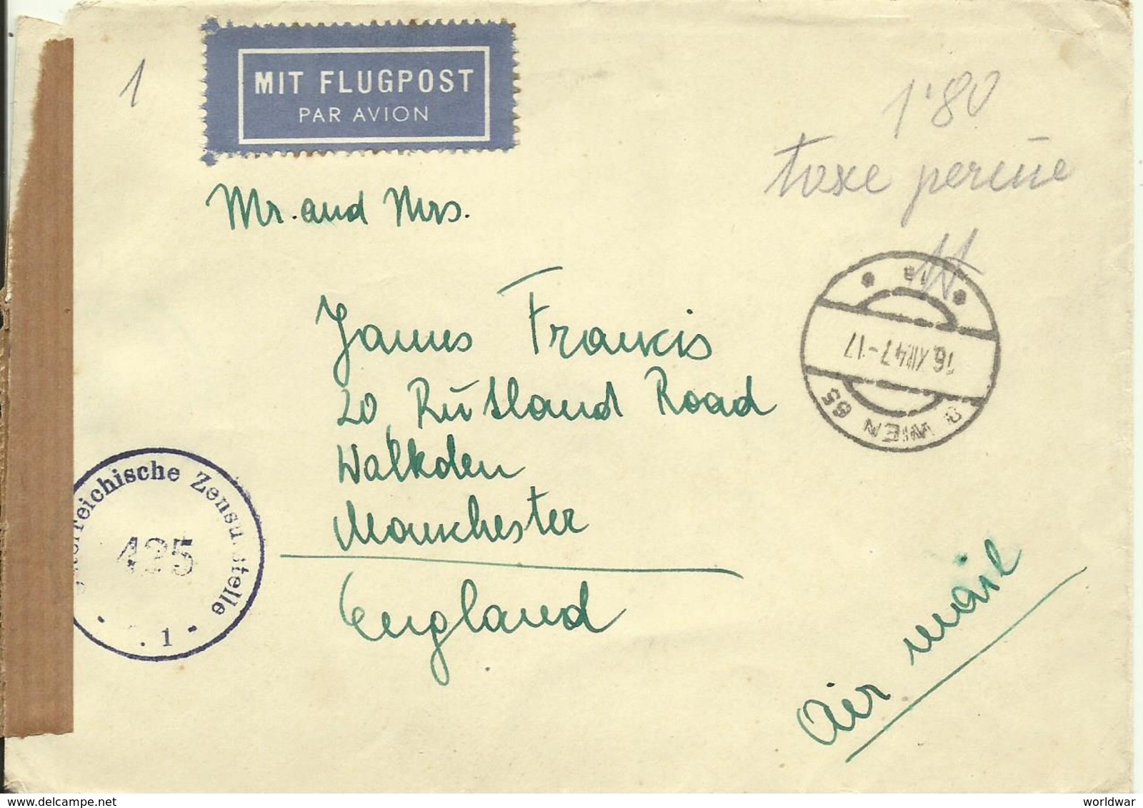 1947  Censored Taxe Perçue Letter From Wien To Manchester, England  Censor 425 - Briefe U. Dokumente