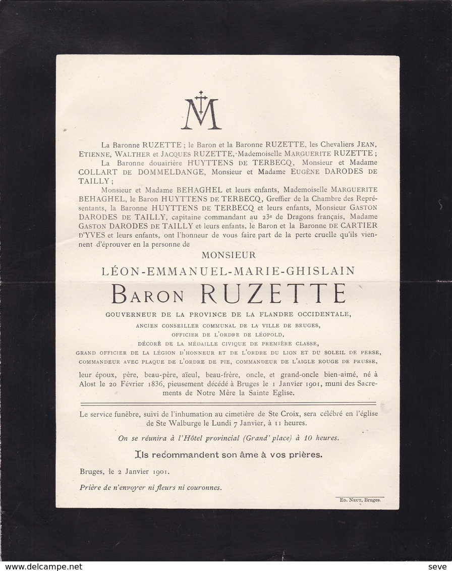 ALOST AALST BRUGGE Gouverneur Flandre Occidentale Baron RUZETTE Léon 1836-1901 Ordre Du Lion Et Du Soleil De Perse - Overlijden