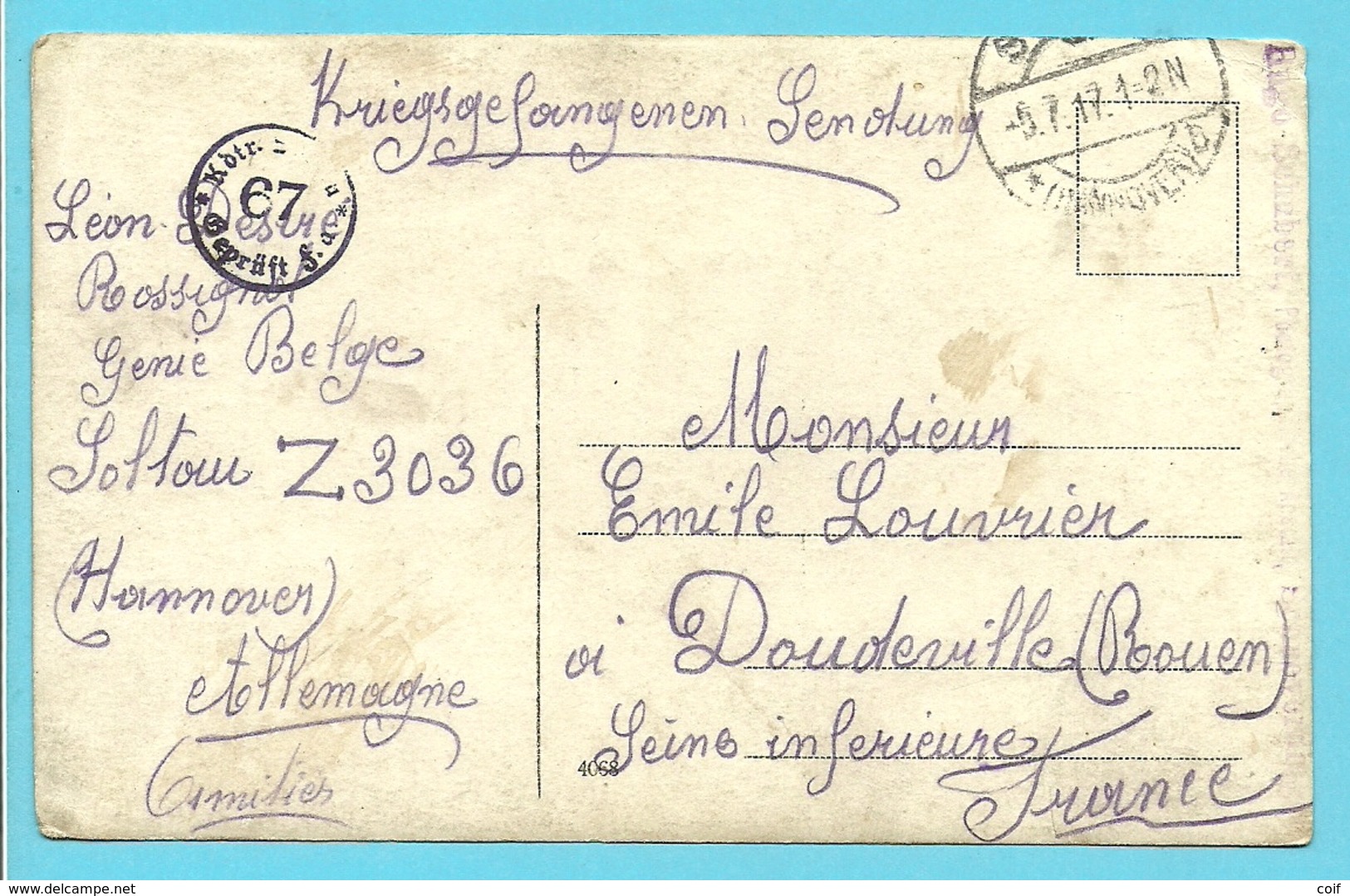 Foto-kaart (Soldat-Belge) Van SOLTAU Met Stempel GEPRUFT, Naar DOUDEVILLE (ROUEN) (FRANCE) - Kriegsgefangenschaft