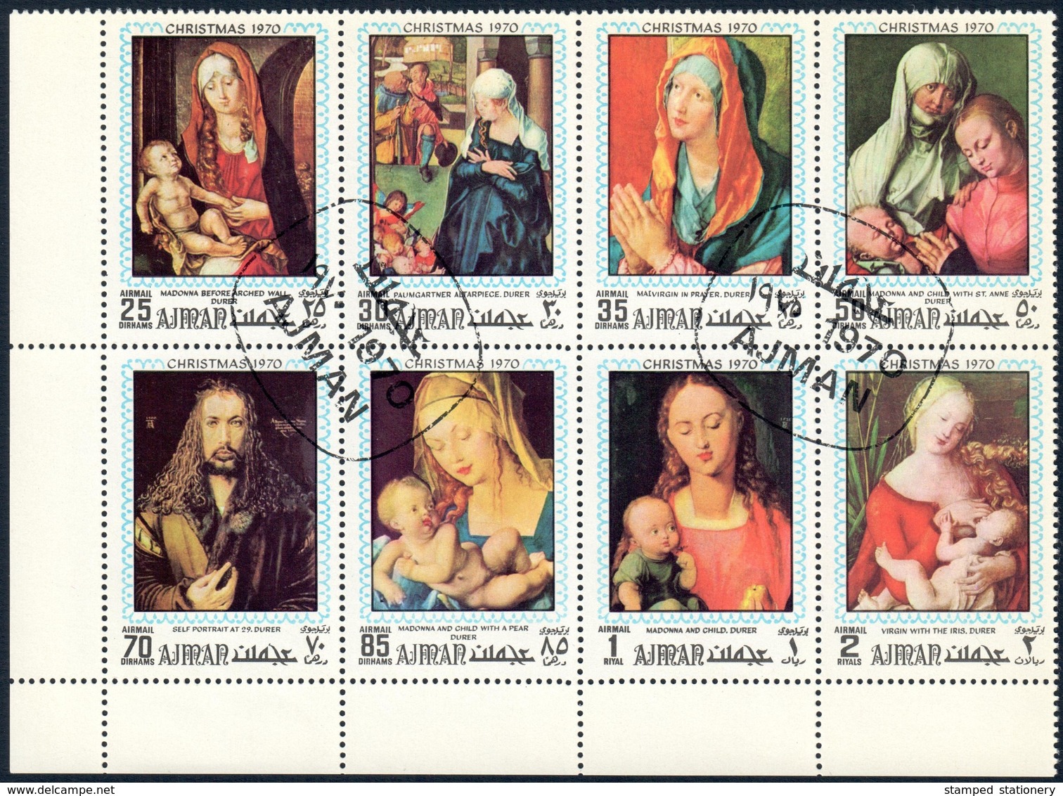 AJMAN 8 FRANCOBOLLI SU PARTE DI FOGLIO NATALE 1970 DIPINTI DI ALBRECHT DÜRER - CATALOGO MICHEL NUMERO 645 / 652 USATI ʘ - Ajman