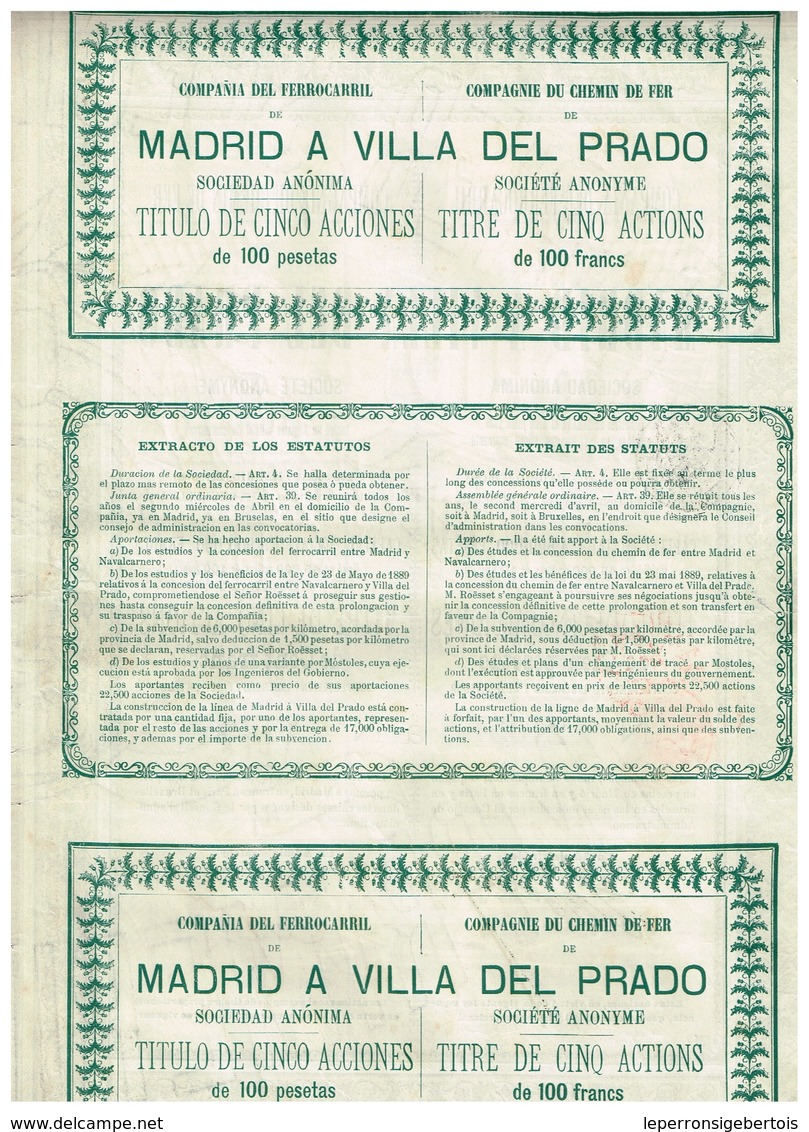 Titre Ancien - Compañia Del Ferrocarril -Compagnie Du Chemin De Fer De Madrid A Villa Del  Prado - Titulo De 1889 - - Chemin De Fer & Tramway