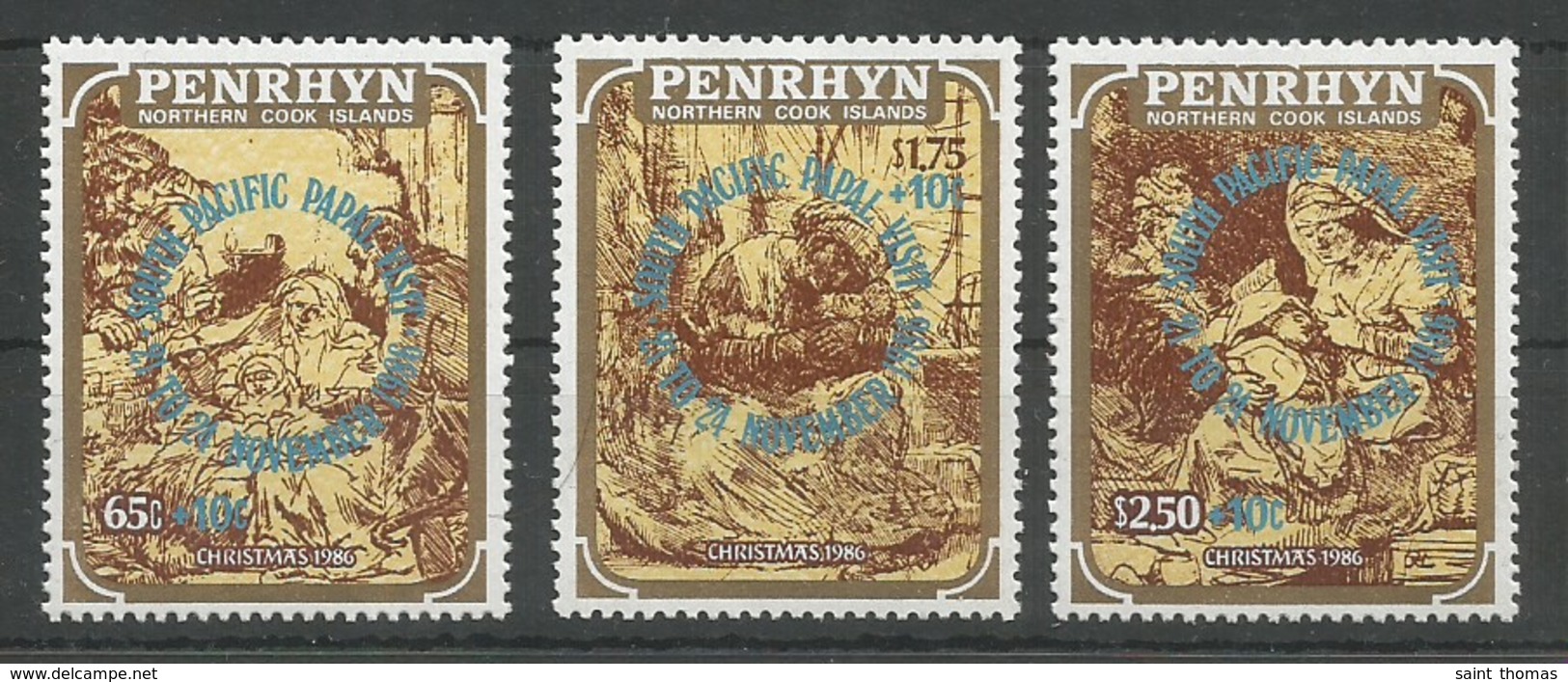 Penrhyn Complete Set Rembrandt Overprinted MNH / ** 1986 Pope Juhn Paul II Visit - Penrhyn