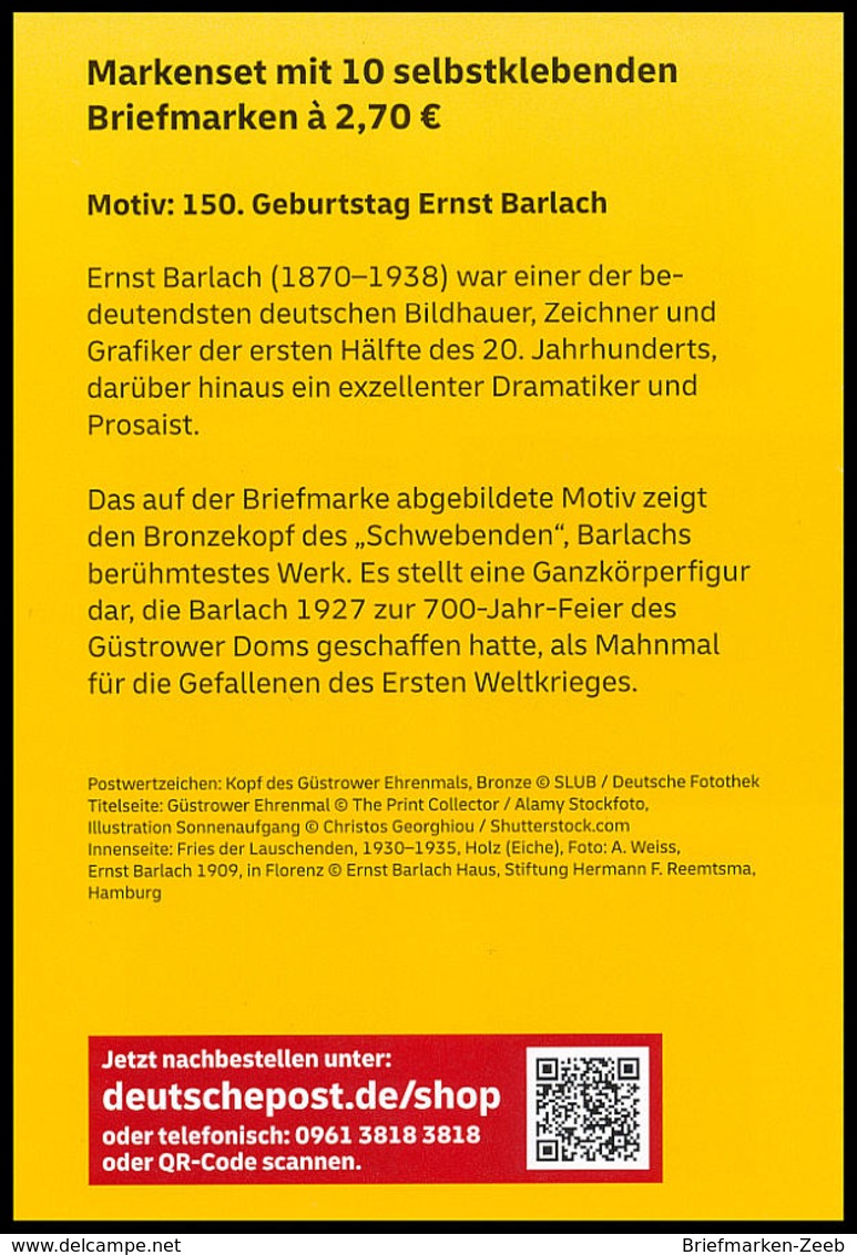 BRD MiNr. MH 117 (3521) ** Ernst Barlach, Marken-Set, Selbstklebend, Postfrisch - Autres & Non Classés