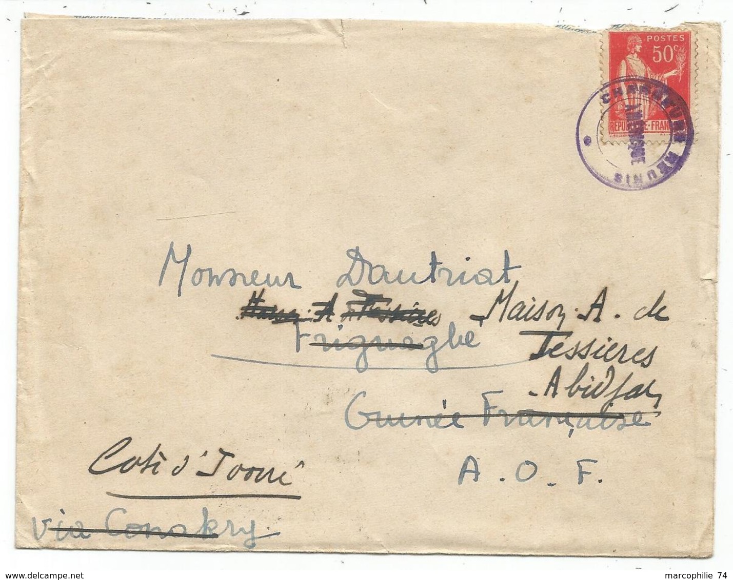 PAIX 50C CACHET VIOLET CHARGEURS REUNIS AMERIQUE LETTRE AU DOS COTONOU POUR  FRIOUTAGBE 29 AVRIL 1935 GUINEE FRANCAISE - 1932-39 Frieden