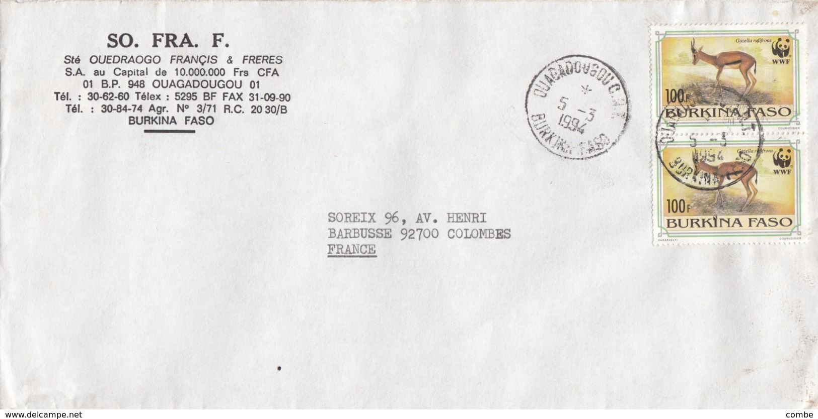 LETTRE BURKINA FASO . POUR LA FRANCE. XWF GAZELLA - Burkina Faso (1984-...)