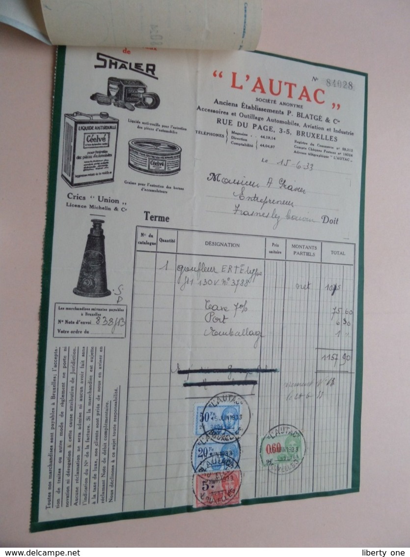 " L'AUTAC " ( Ancien Ets P. Blatgé ) ( Shaler / Defiance Spark Plugs ) > BRUXELLES - Anno 1933 ( Zie/Voir Foto ) Taxe ! - Automobilismo