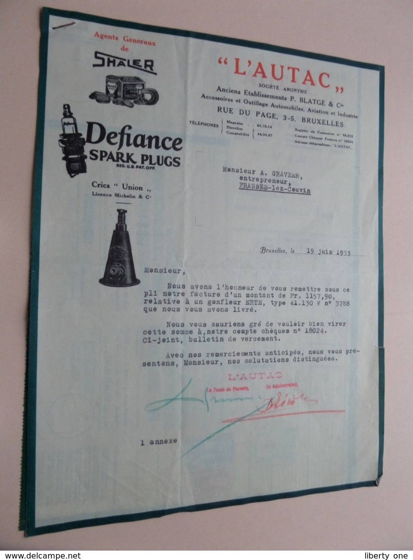 " L'AUTAC " ( Ancien Ets P. Blatgé ) ( Shaler / Defiance Spark Plugs ) > BRUXELLES - Anno 1933 ( Zie/Voir Foto ) Taxe ! - Automobile