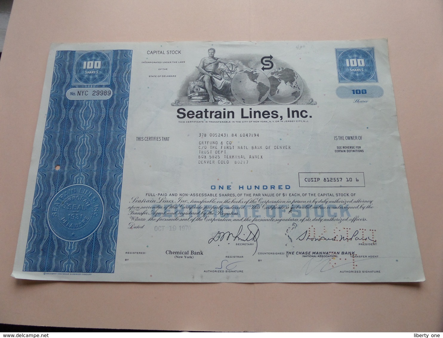 SEATRAIN LINES Inc. Delaware > 100 Shares N° NYC 29989 > Dated 1970 Denver ( See Photo ) ! - S - V