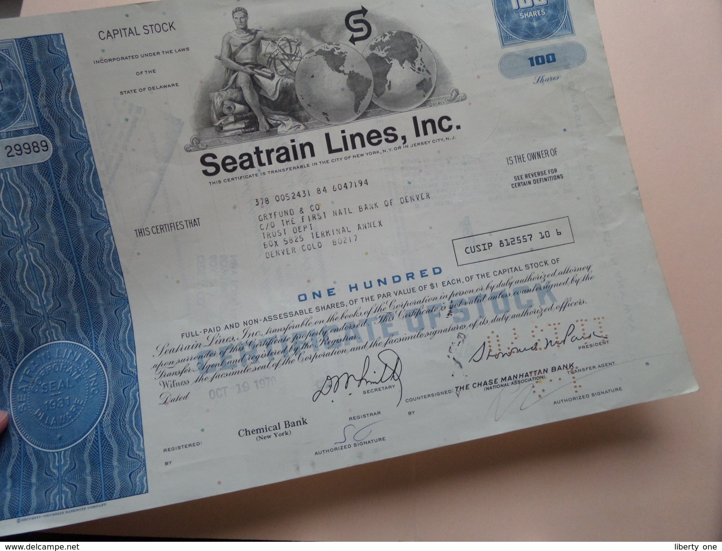 SEATRAIN LINES Inc. Delaware > 100 Shares N° NYC 29989 > Dated 1970 Denver ( See Photo ) ! - S - V