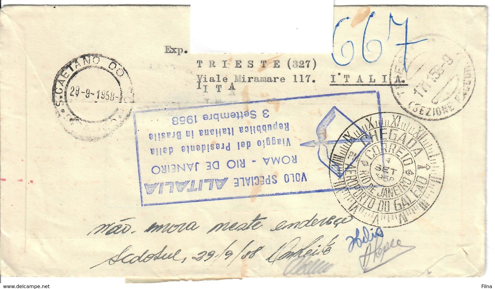 ITALIA 1958 - VOLO PRESIDENZIALE ITALIA - BRASILE - VOLO SPECIALE ALITALIA ROMA RIO DE JANEIRO - FDC