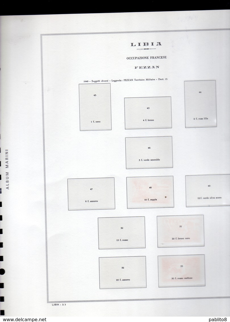 COLONIE FOGLIO ALBUM MARINI FOGLI 22 ANELLI CON TASCHINE LIBIA FEZZAN E GHADAMES LIBYA OTTIME CONDIZIONI - Fogli Prestampati