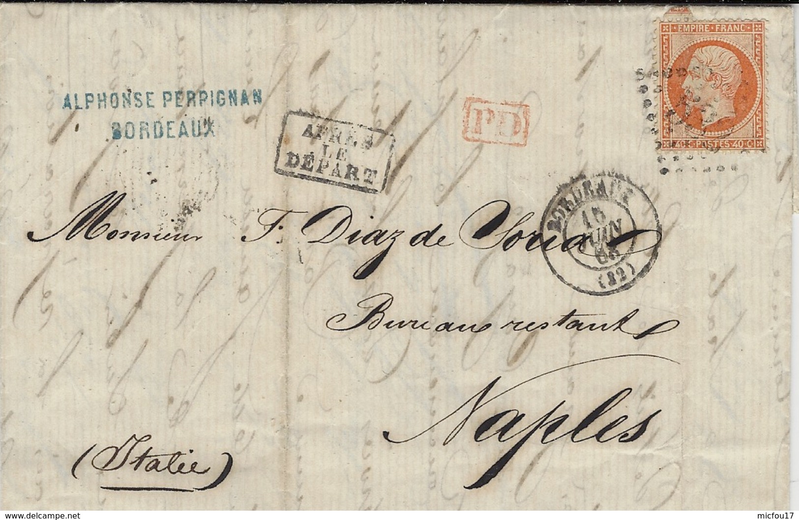 14863- Lettre De Bordeaux Pour Naples  Cad T15 Affr. N°23 SEUL Oblit.. G C 532 - 1849-1876: Classic Period