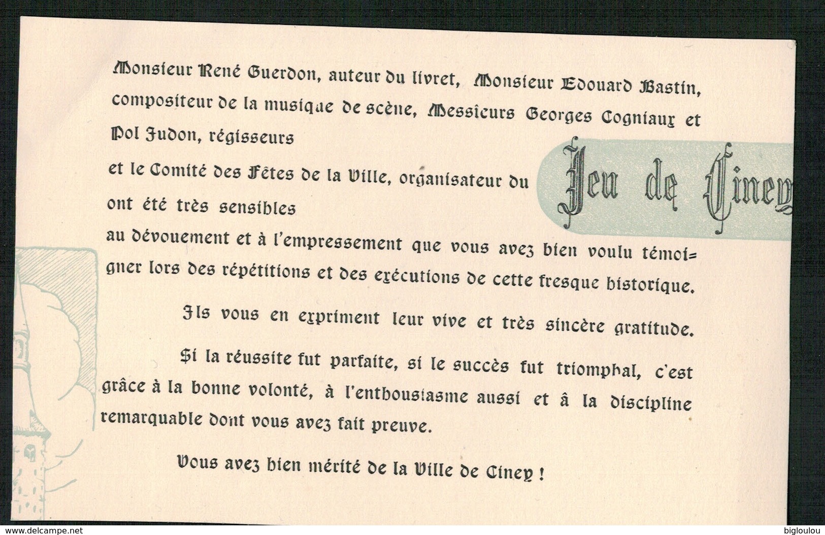 Carte Remerciements Aux Organisateurs Du JEU De CINEY - Ciney