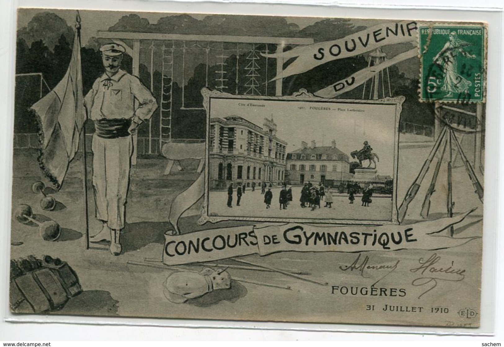 35 FOUGERES  Carte RARE  31 Juillet 1910 Souvenir Concours De Gymnastique  Timbrée    D20 2019 - Fougeres