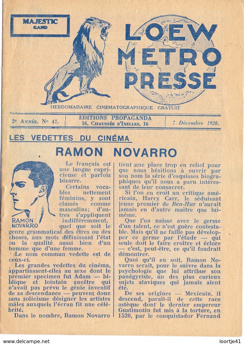 Loew Metro Presse - Ciné  Bioscoop Programma Programme Cinema Majestic  Gent - 7 Dec 1928 - Ramon Novarro - Programma's