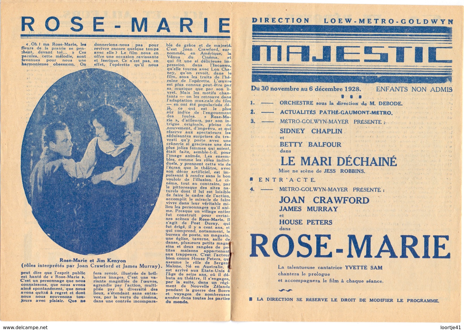 Loew Metro Presse - Ciné  Bioscoop Programma Programme Cinema Majestic  Gent - 30 Nov 1928 - Rose Marie - Programma's