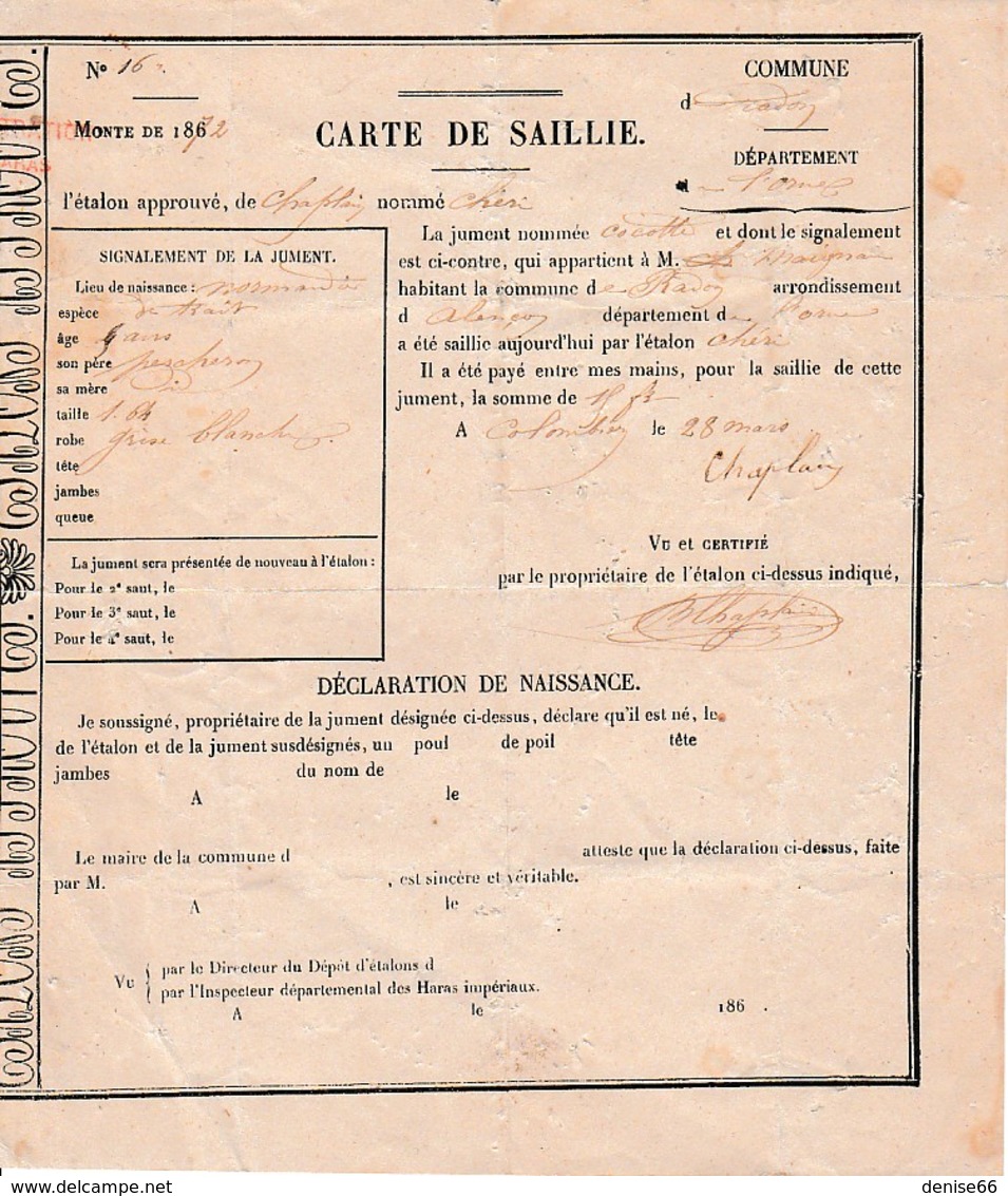 1872 - RANDON (61) - Haras Du Colombier - CARTE DE SAILLIE - - Historical Documents