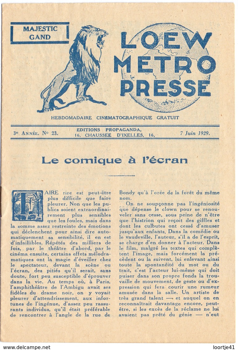 Loew Metro Presse - Ciné  Bioscoop Programma Programme Cinema Majestic  Gent - 7 Juin 1929 - - Programma's