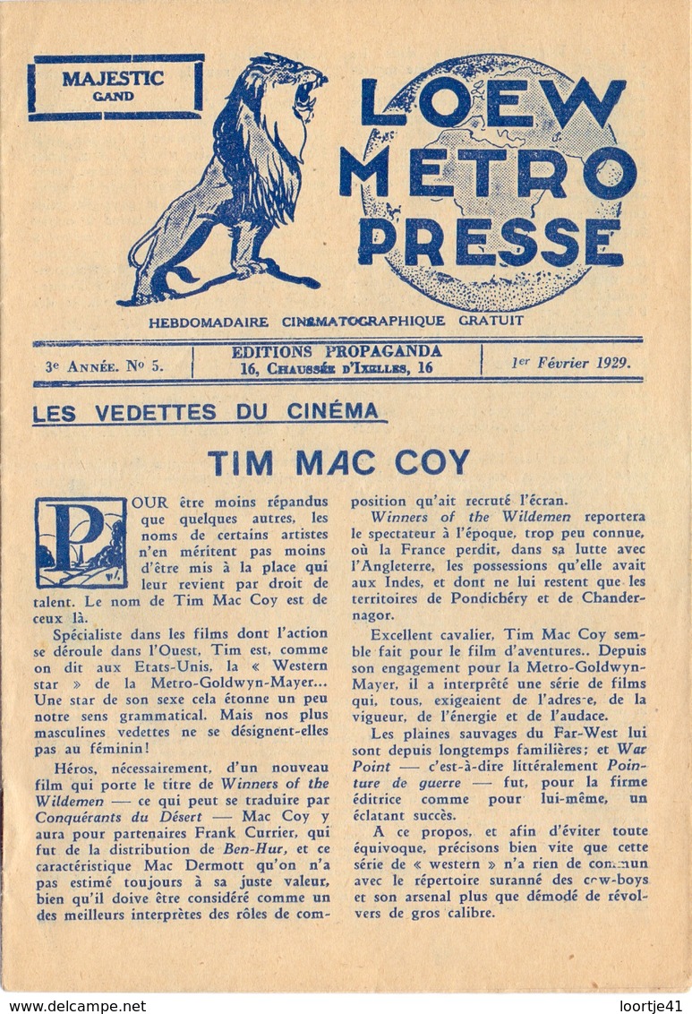 Loew Metro Presse - Ciné  Bioscoop Programma Programme Cinema Majestic  Gent - 1 Feb. 1929 - Ben Hur - Programma's