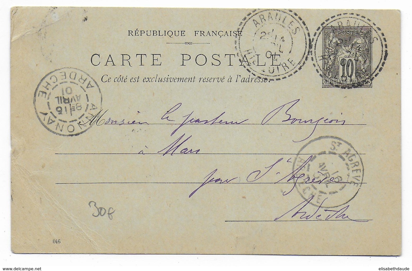 HAUTE LOIRE - 1901 - CARTE ENTIER POSTAL SAGE De ARAULES => ST AGREVE - 1877-1920: Periodo Semi Moderno