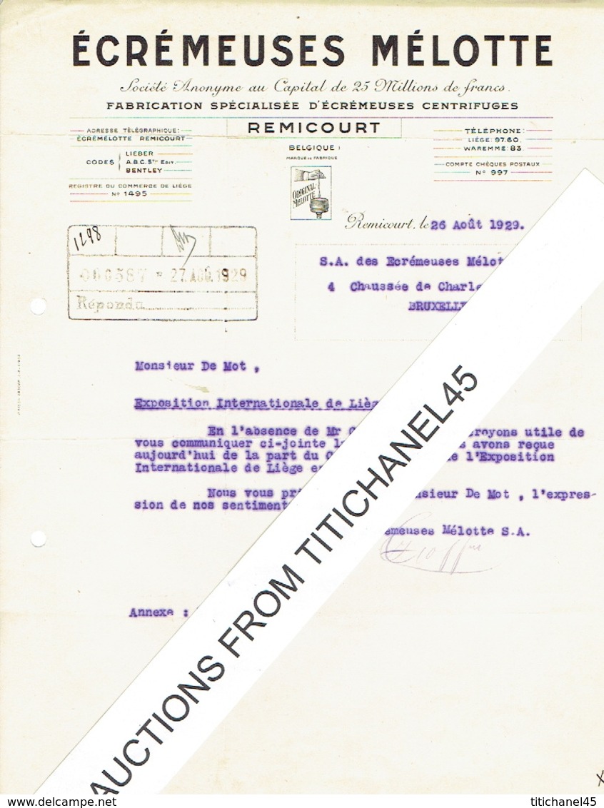 Lettre De REMICOURT 1929 - ECREMEUSES MELOTTE - Fabrication Spécialisée D'écrémeuses Centrifuges - Autres & Non Classés