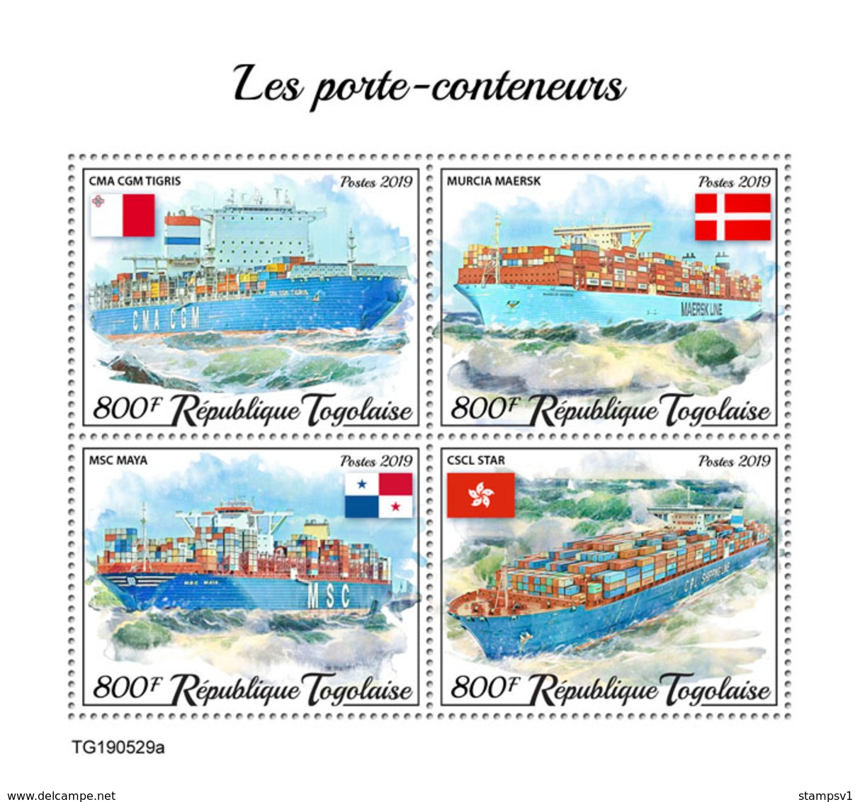 Togo. 2019 Container Ships. (0529a)  OFFICIAL ISSUE - Schiffe